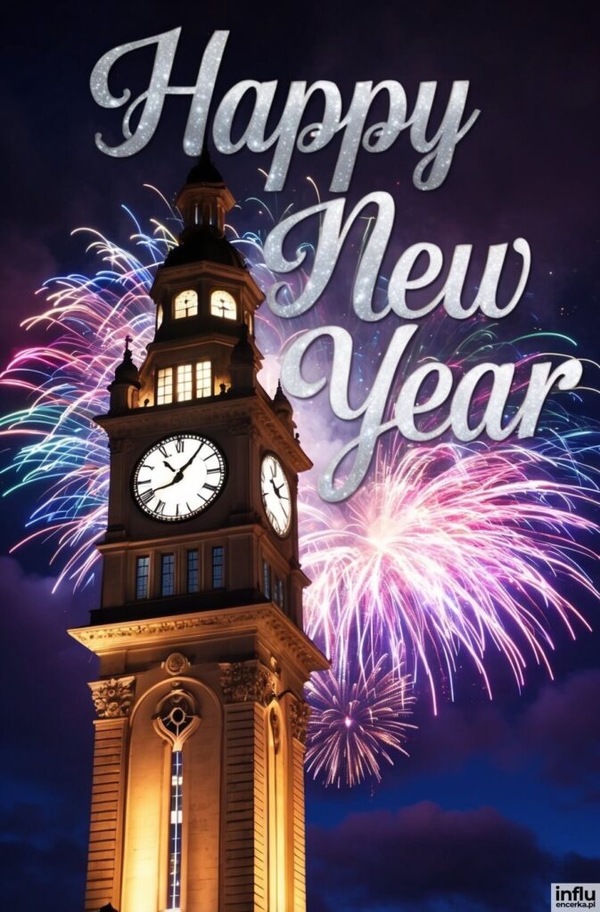 Podświetlona wieża zegarowa z tarczami wskazującymi północ na tle kolorowych fajerwerków i napis „Happy New Year”