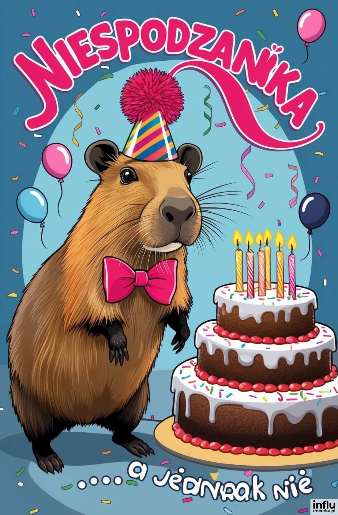 Kartka, chomik z tortem, napis: Niespodzianka... a jednak nie