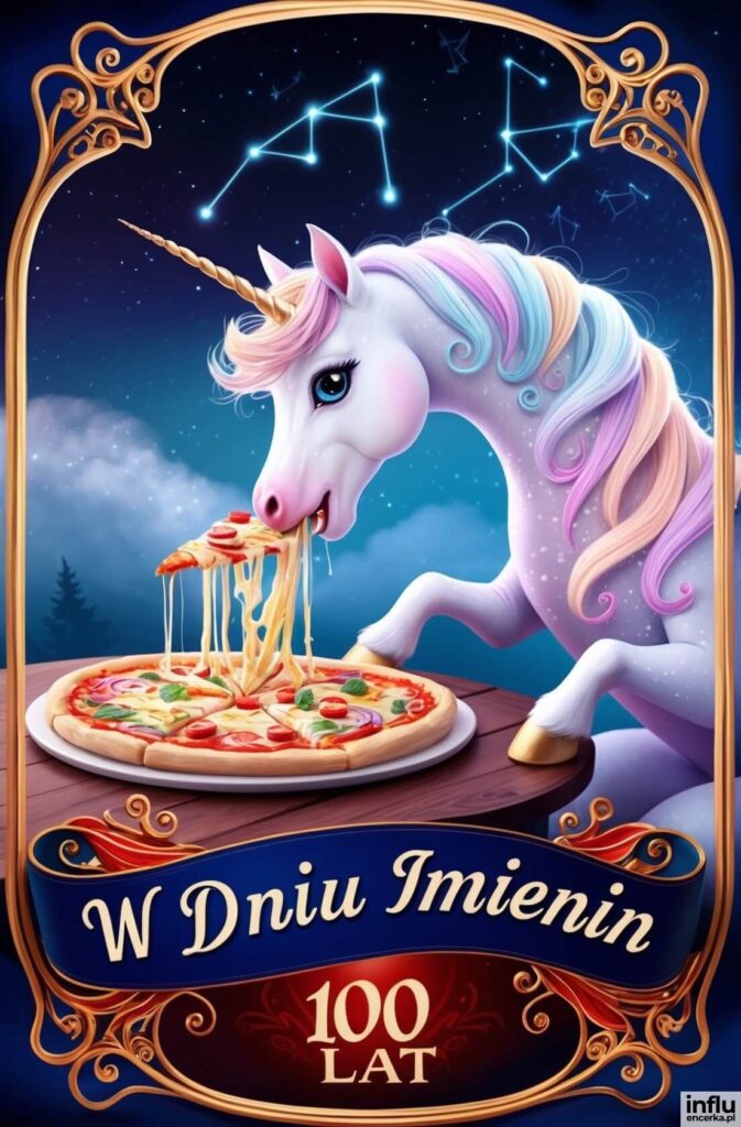 Bajkowy jednorożec jedzący pizzę pod rozgwieżdżonym niebem w złotej ramie, napis „W dniu imienin — 100 lat".