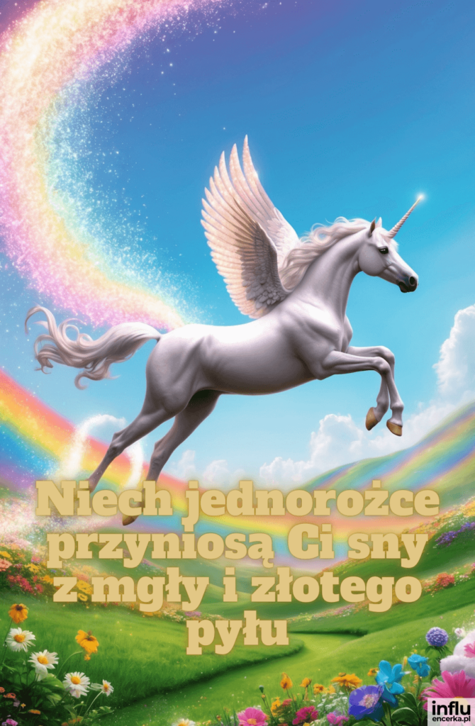 Biały jednorożec ze skrzydłami unosi się w powietrzu na tle tęczy i błękitnego nieba, z napisem „Niech jednorożce przyniosą Ci sny z mgły i złotego pyłu”