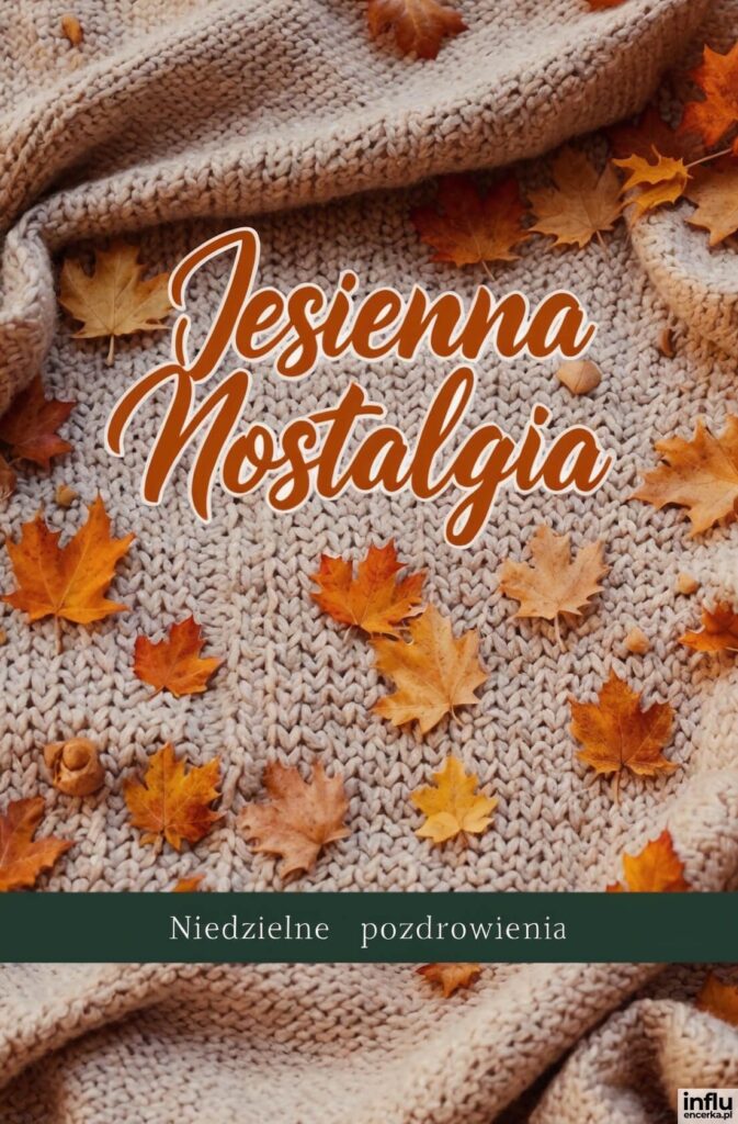 Beżowy sweter z dzianiny usłany jesiennymi liśćmi klonu w odcieniach pomarańczu i żółci, z napisem „Jesienna Nostalgia”
