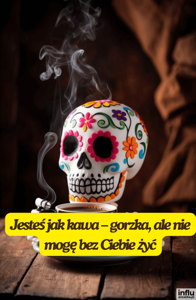 Kolorowa czaszka w stylu Día de los Muertos siedzi na filiżance parującej kawy, z napisem „Jesteś jak kawa – gorzka, ale nie mogę bez Ciebie żyć”