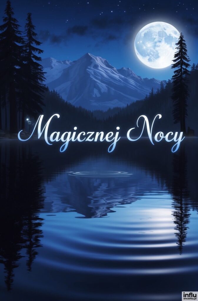 Nocna sceneria górskiego jeziora w blasku pełni księżyca, sylwety drzew i odbicie w wodzie, napis „Magicznej Nocy”