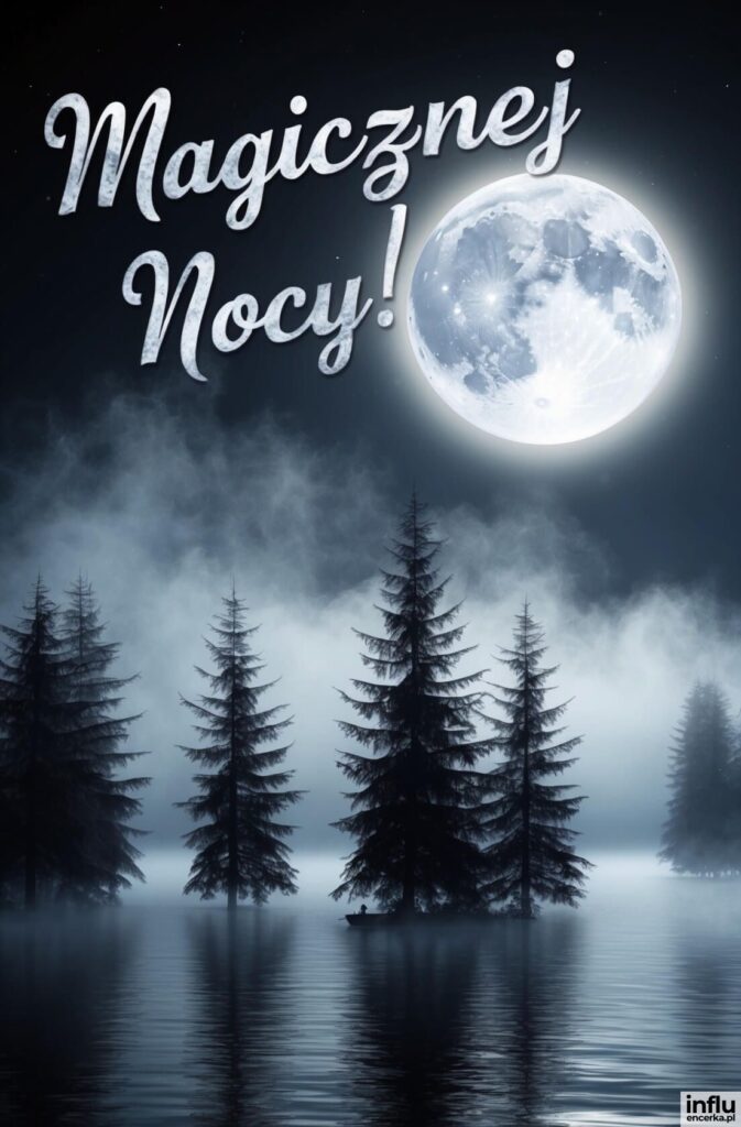 Nocna sceneria z pełnią księżyca nad mglistym jeziorem i świerkami oraz napisem „Magicznej Nocy!”