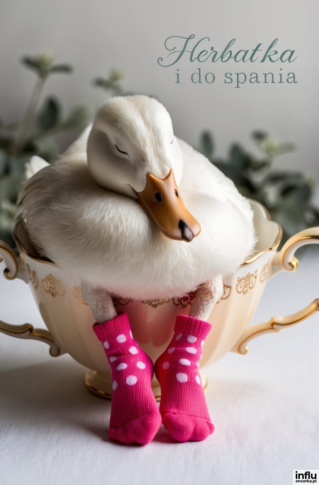 Kartka, kaczka w filiżance, napisz: herbatka i do spania