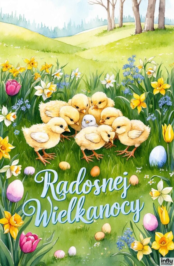 Akwarelowa łąka z gromadką żółtych kurczaczków otaczających białego pisklaka, wśród narcyzów, tulipanów i pisanek, z napisem „Radosnej Wielkanocy”