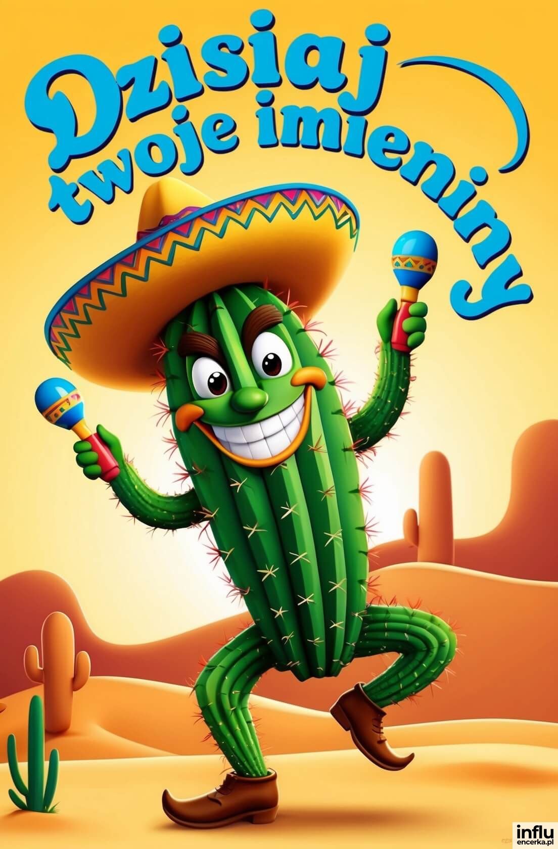 Kartka, tańczący kaktus z marakasami, Dzisiaj Twoje Imieniny Kartka, tańczący kaktus z marakasami, Dzisiaj Twoje Imieniny