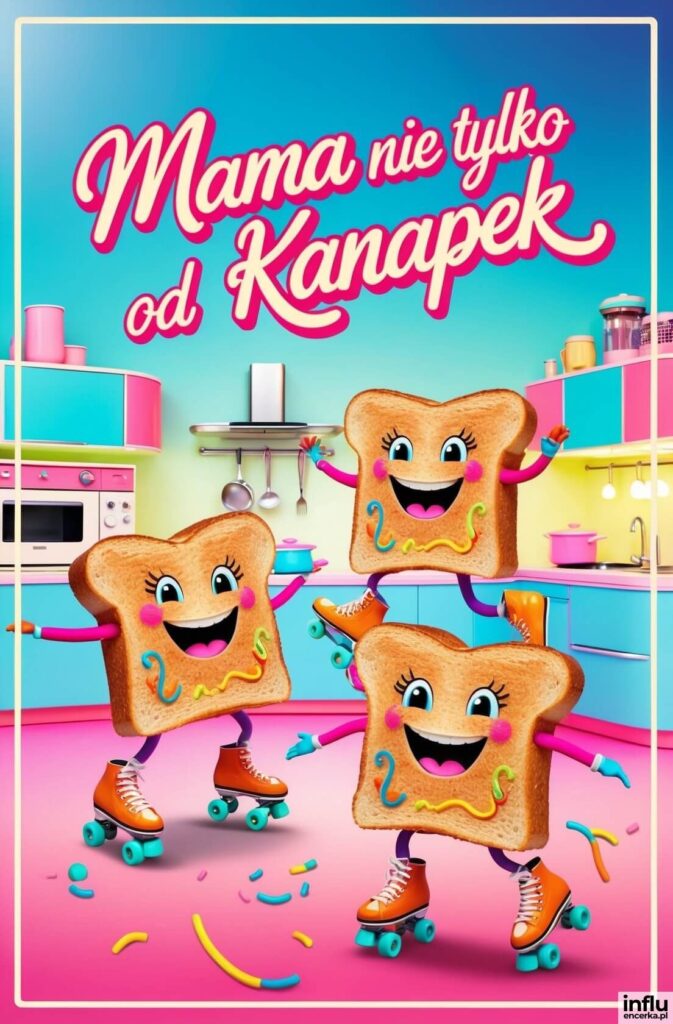 Trzy animowane kromki tostowego chleba na wrotkach tańczą w kolorowej kuchni, z napisem „Mama nie tylko od Kanapek”