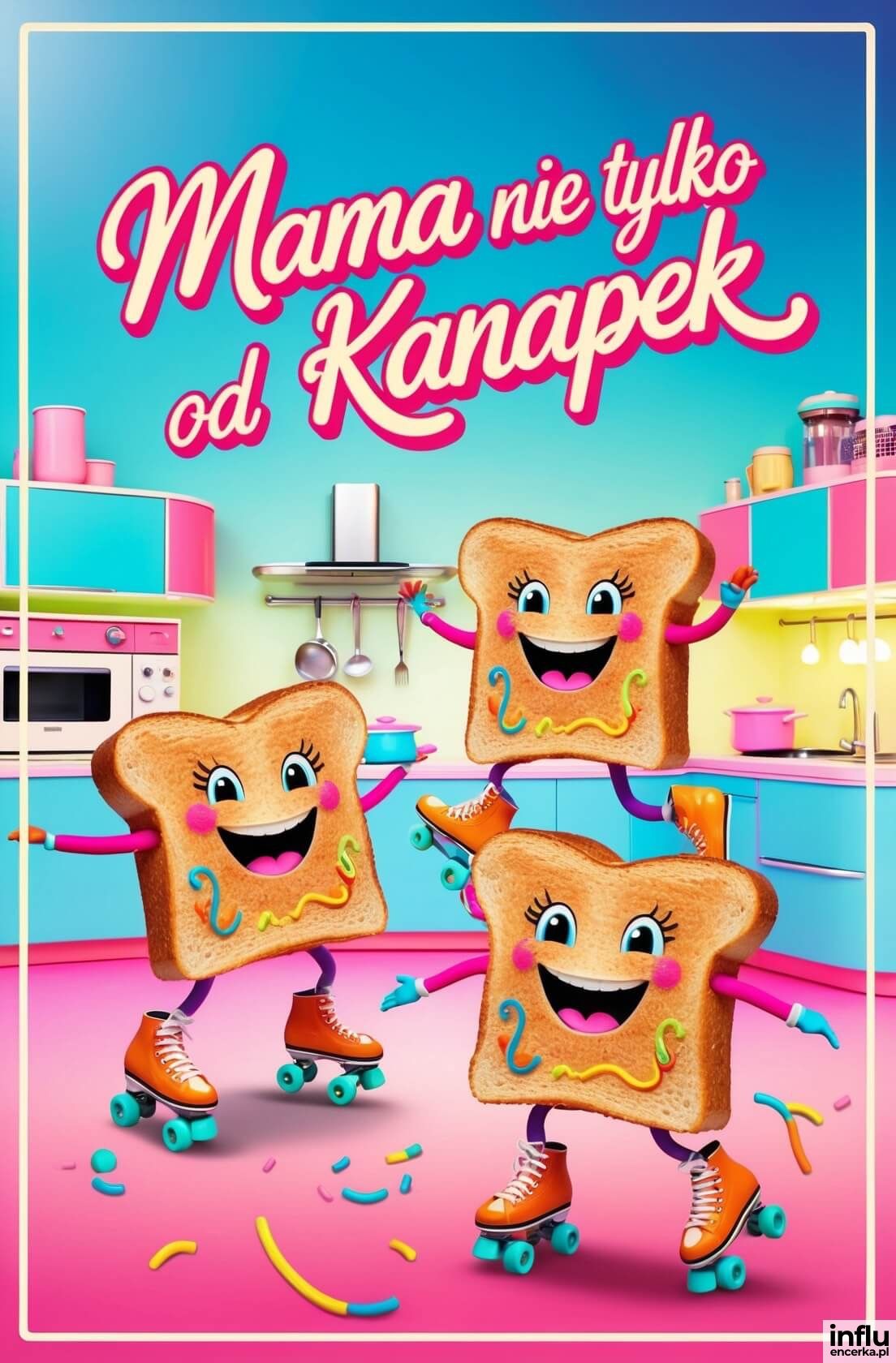 Kartka, kanapki na rolkach w kuchni, napis: Mama nie tylko od kanapek