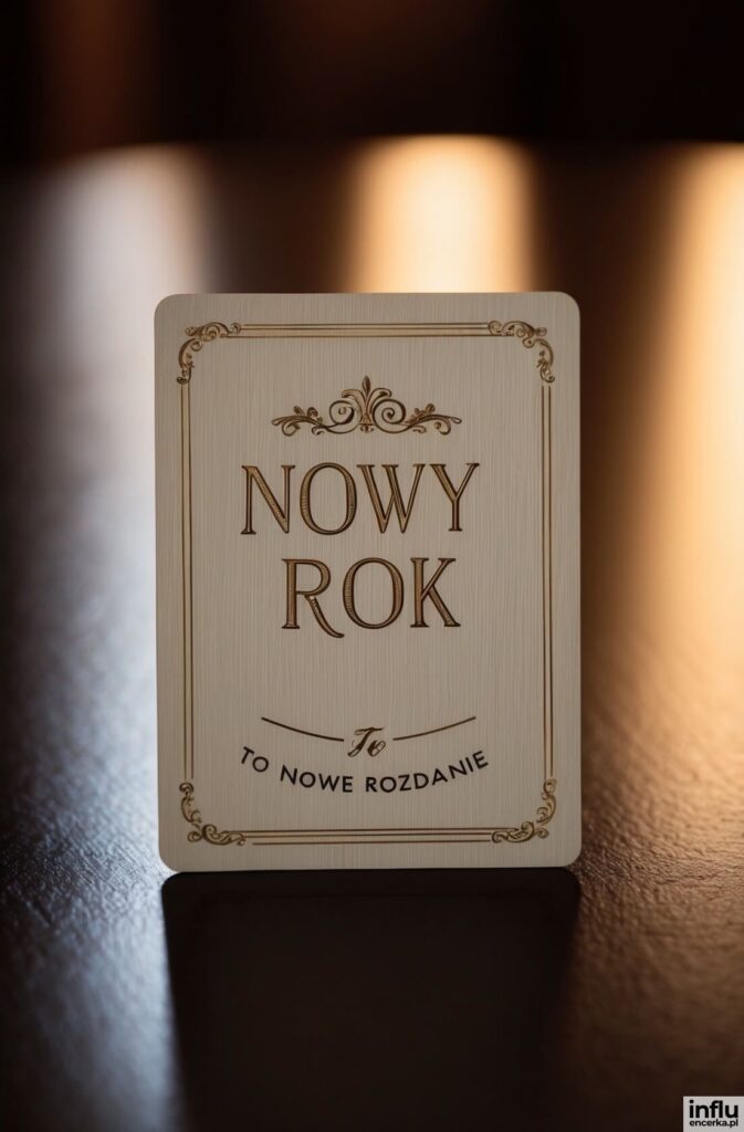 Kremowa kartka z złotą ramką w stylu vintage z napisem „Nowy Rok to nowe rozdanie”