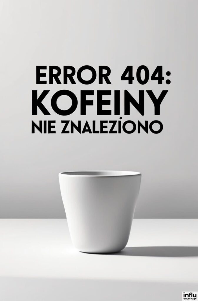 Pusta biała filiżanka na jasnym tle z napisem „ERROR 404: KOFEINY NIE ZNALEZIONO”
