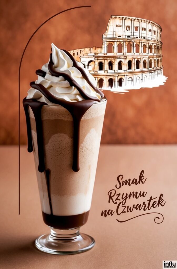 Szklanka z czekoladowym shake'iem zwieńczonym bitą śmietaną i polewą czekoladową, w tle szkic Koloseum, napis „Smak Rzymu na Czwartek”