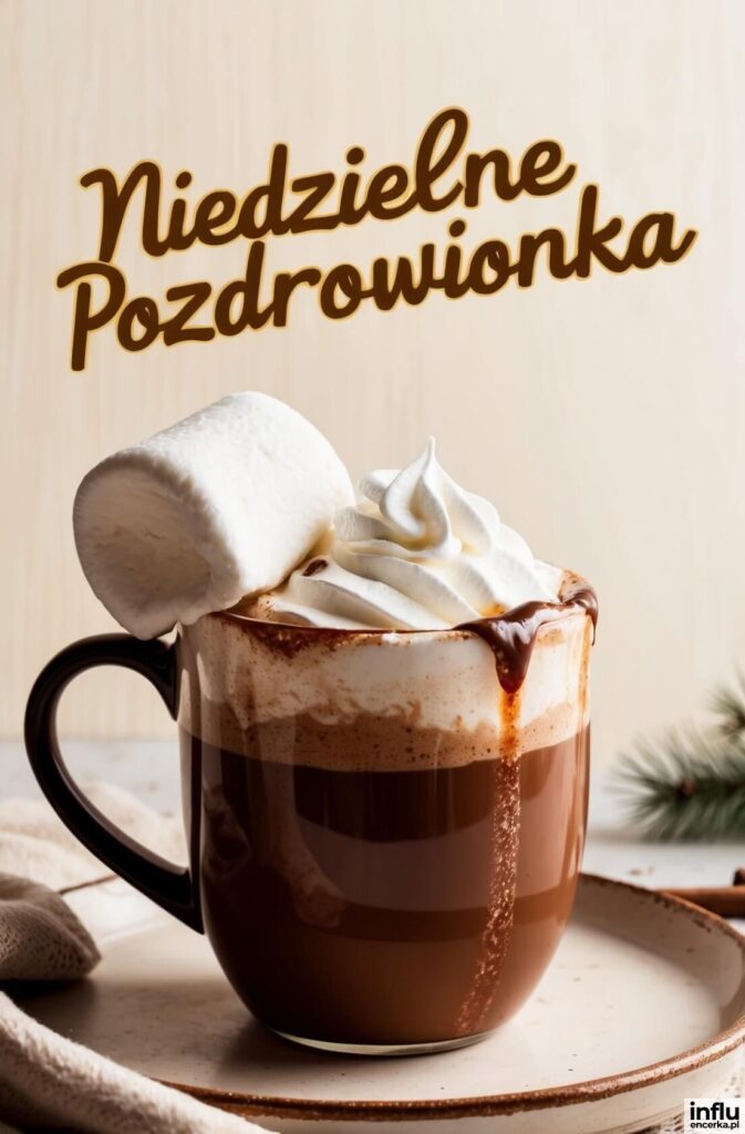Kubek gorącej czekolady z bitą śmietaną, marshmallow i sosem czekoladowym, z napisem „Niedzielne Pozdrowionka”