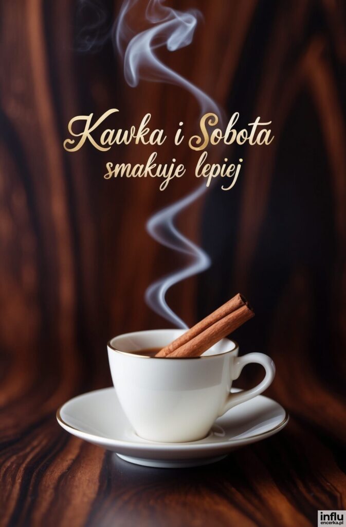 Biała filiżanka parującej kawy z laskami cynamonu na spodku, z napisem „Kawka i Sobota smakuje lepiej”