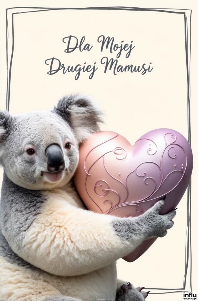 Koala ściskająca różowo-fioletowe serce z ornamentami, z napisem „Dla Mojej Drugiej Mamusi”