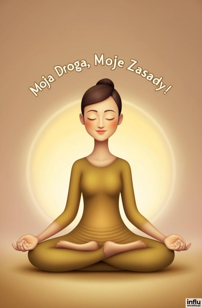 Ilustracja kobiety medytującej w pozycji lotosu na złocistym tle z napisem „Moja Droga, Moje Zasady!”