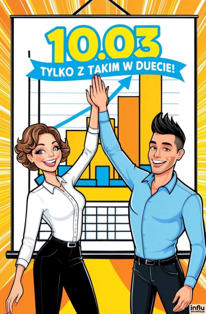 Kobieta i mężczyzna w stylu komiksowym przybijają piątkę na tle wykresu słupkowego; napis „10.03 TYLKO Z TAKIM W DUECIE!”