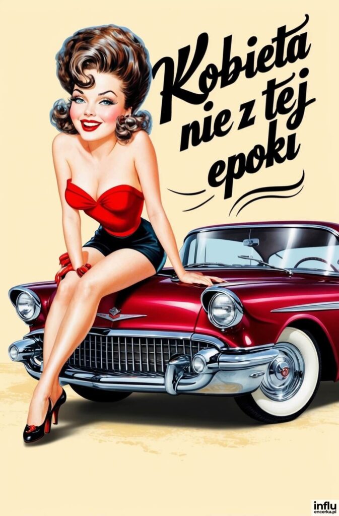 Pin-up girl w czerwonym gorsecie siedzi na masce bordowego klasycznego auta, napis „Kobieta nie z tej epoki”