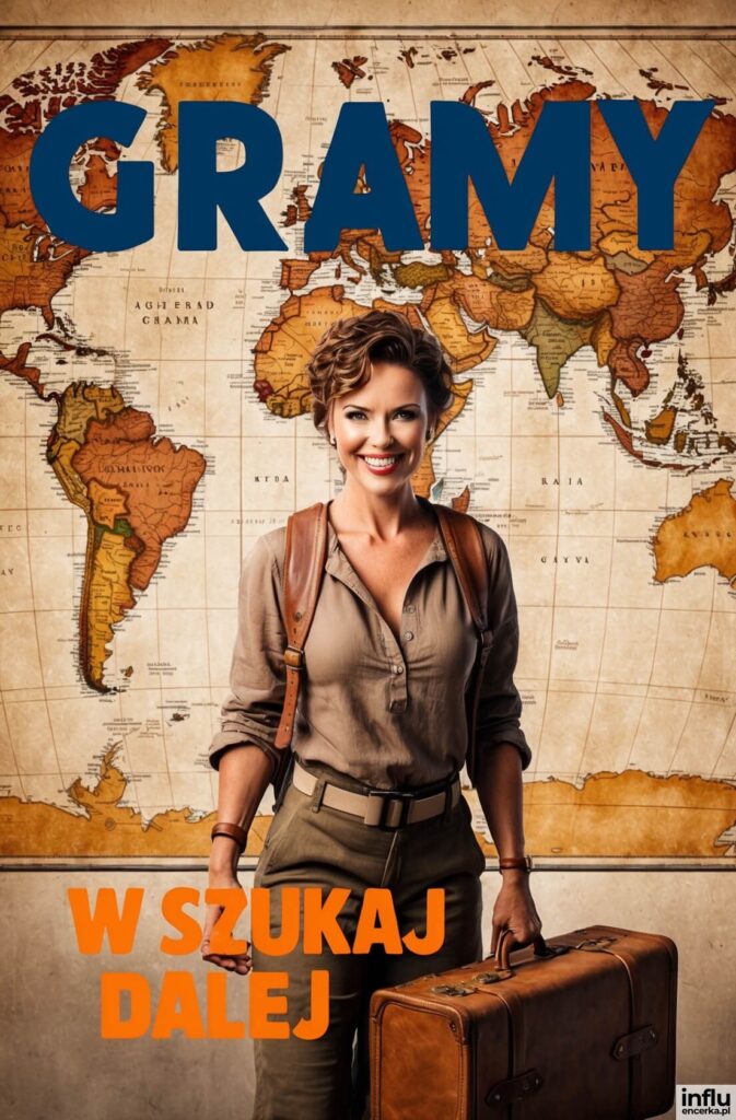 Uśmiechnięta kobieta z walizką stoi przed mapą świata, nad nią napis „GRAMY”