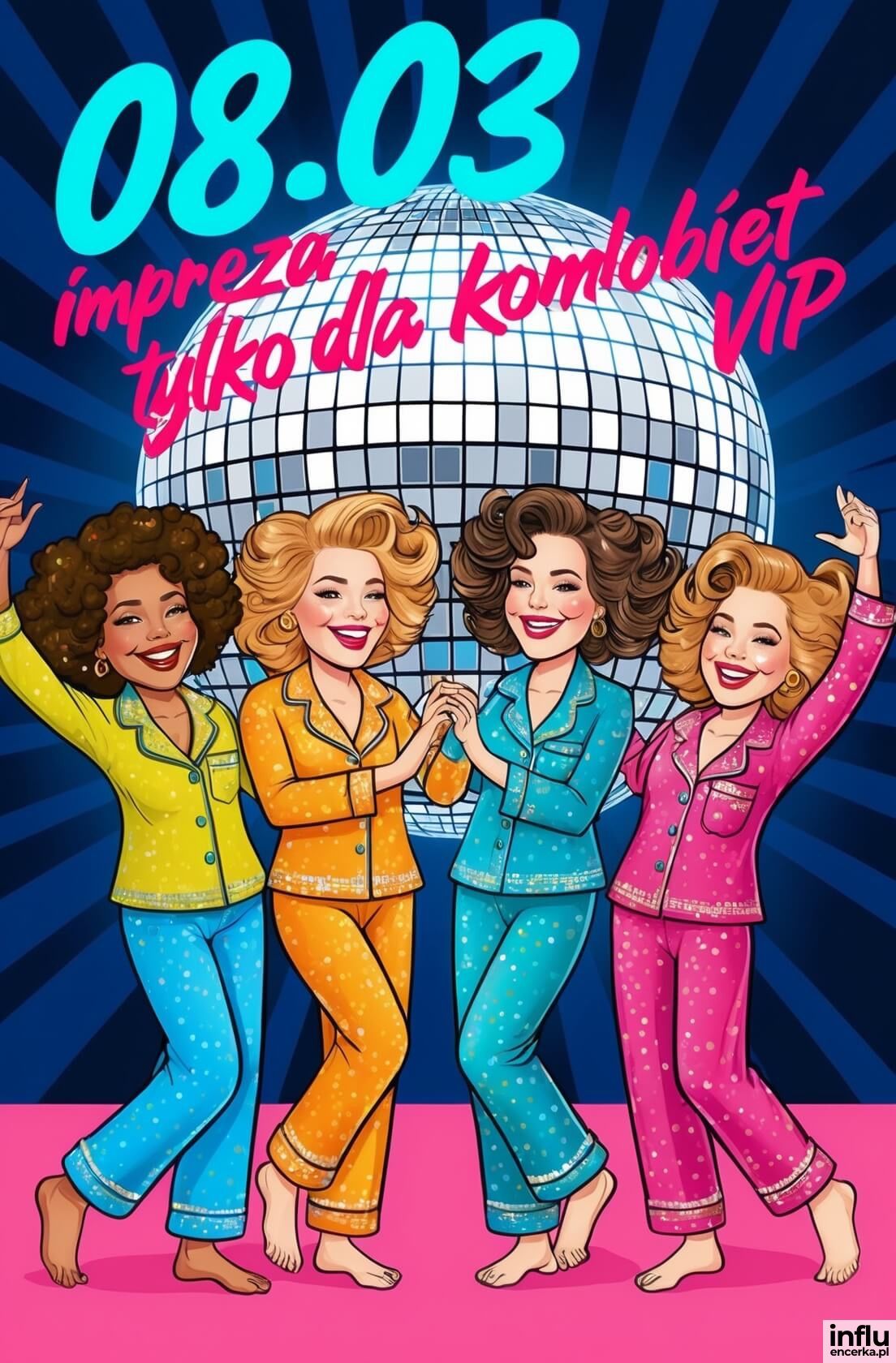 Kartka, kobiety tańczące w piżamach - impreza dla kobiet VIP