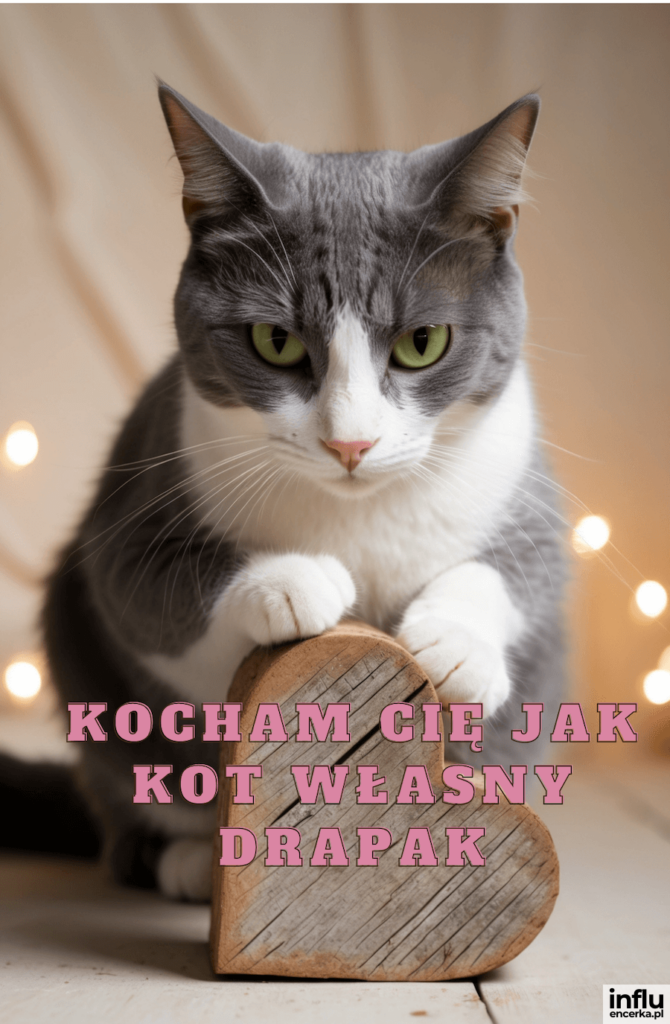 Szary kot z zielonymi oczami trzyma łapkami drewniane serce, a w tle świecą lampki; napis „Kocham cię jak kot własny drapak”