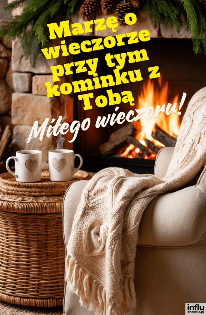 Przytulny kominek z płonącym ogniem, dwa kubki z sercami na wiklinowym stoliku i koc na fotelu, z napisem „Marzę o wieczorze przy tym kominku z Tobą”