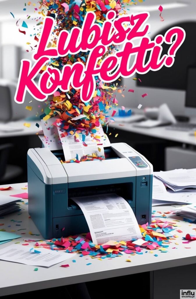 Drukarka biurowa wyrzucająca fontannę kolorowego konfetti, na górze różowy napis „Lubisz Konfetti?”