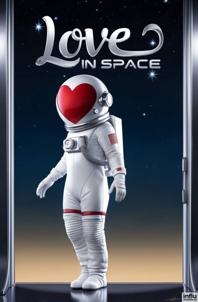 Astronauta w białym skafandrze z czerwonym sercem na przyłbicy stoi na tle gwiazdowego nieba z napisem „Love in Space”