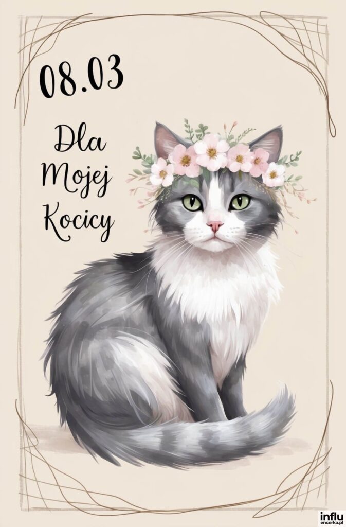 Ilustracja szarego kota w wianku z różowych kwiatów z napisami „08.03”