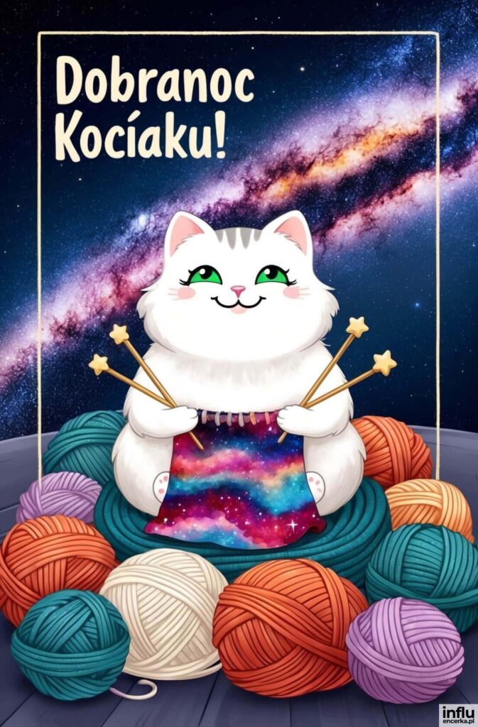 Kartka, kot z włóczkami na tle gwieździstego niebo, dobranoc kotku