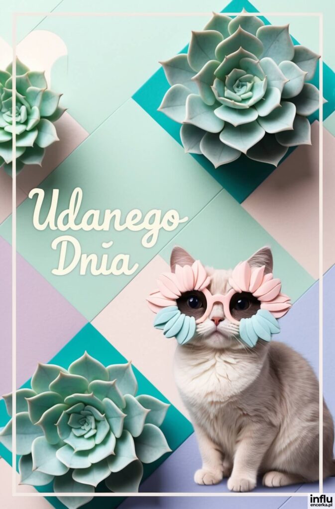 Puszysty kot w kwiatowych okularach na pastelowym tle z sukulenatmi i napisem „Udanego Dnia”