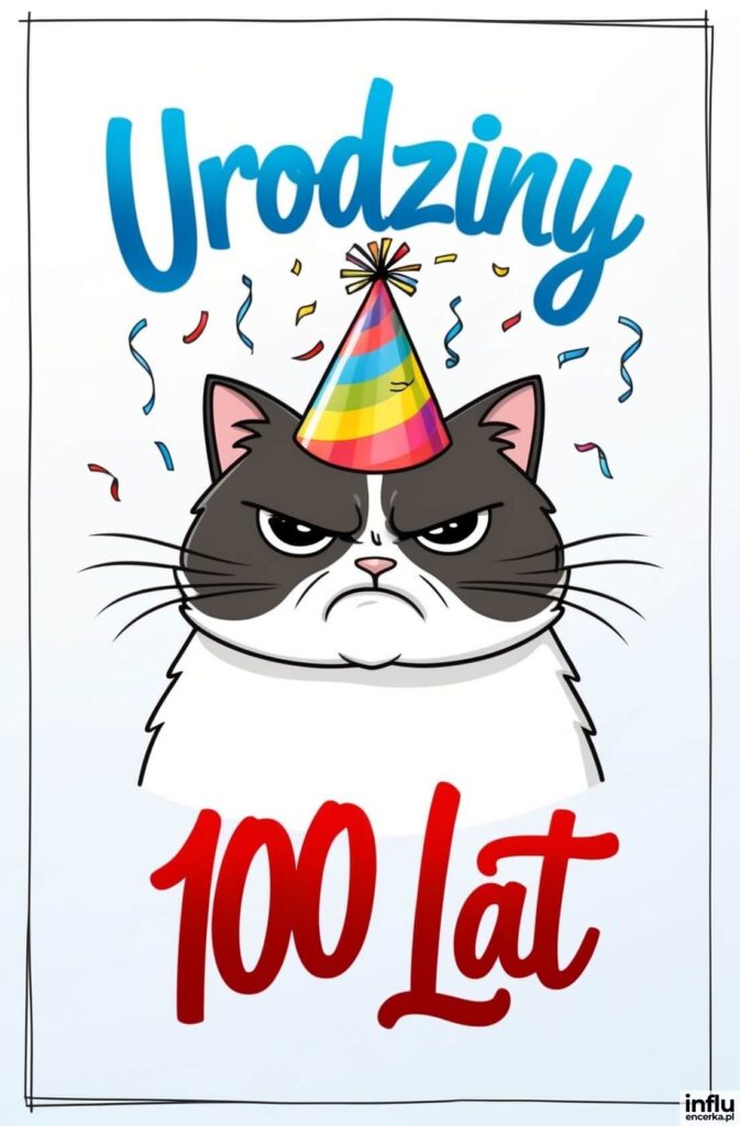 Naburmuszony czarno-biały kot w tęczowej czapeczce wśród konfetti, napis „Urodziny — 100 lat”.