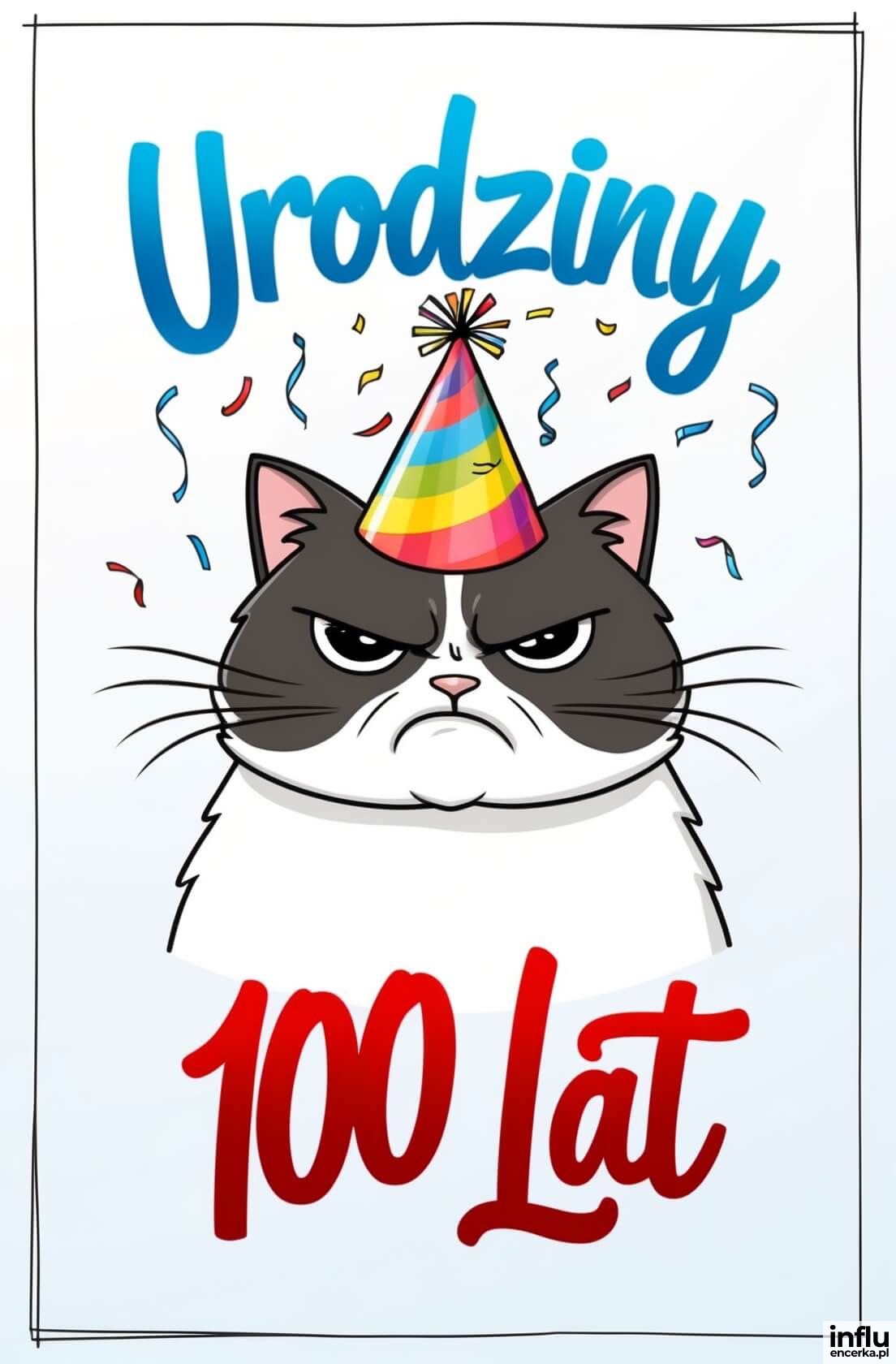 Kartka, kot w czapeczce urodzinowej, 100 lat Kartka, kot w czapeczce urodzinowej, 100 lat