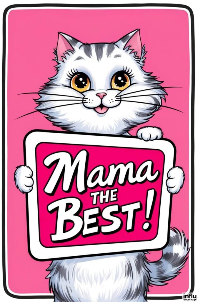 Rysunkowy biało-szary kot z wielkimi oczami trzyma tabliczkę z napisem „Mama the Best!”