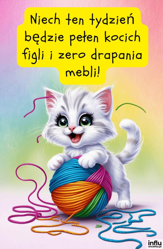 Urocze białe kociątko bawi się kolorowym kłębkiem wełny, nad nim żółta chmurka z napisem „Niech ten tydzień będzie pełen kocich figli i zero drapania mebli!”