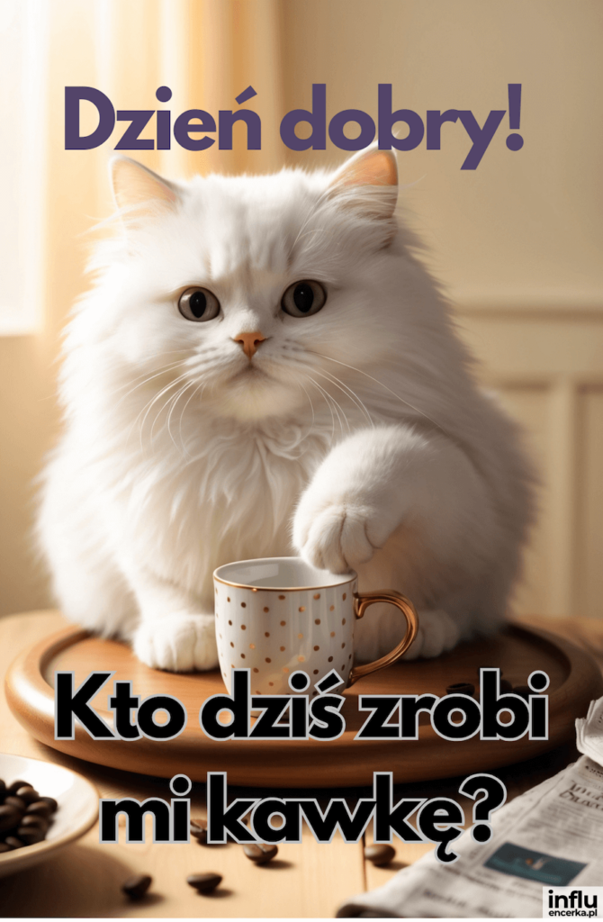Puszysty biały kot siedzi przy filiżance kawy na tacy z napisami „Dzień dobry!”