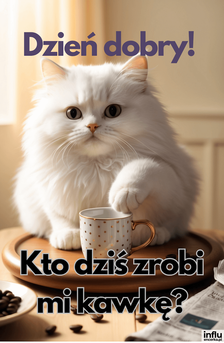 Kartka, kotek pytający kto dziś zrobi kawkę