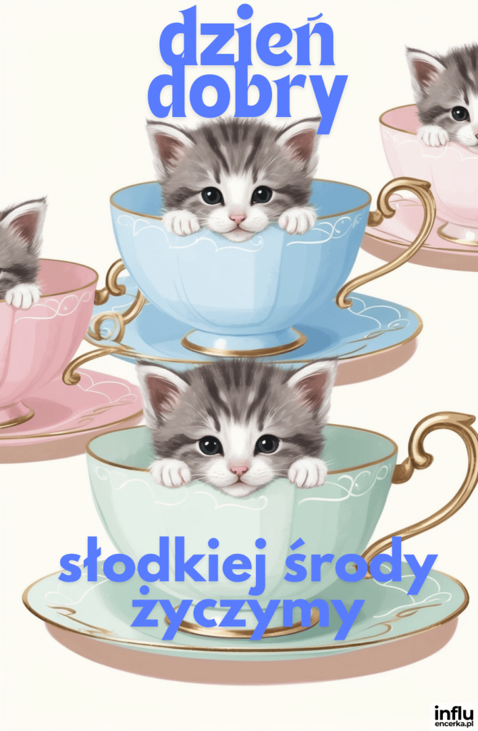 Trzy szare kotki siedzące w pastelowych filiżankach do herbaty ułożonych na spodkach, z napisami „dzień dobry”