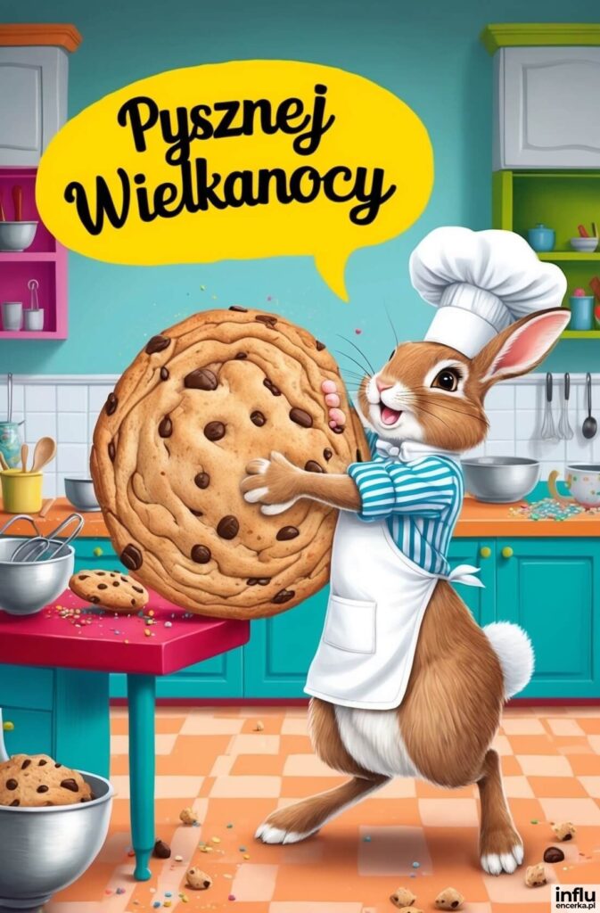 Wesoły królik w czapce kucharza trzyma gigantyczne ciastko czekoladowe w kolorowej kuchni, w żółtej dymce napis „Pysznej Wielkanocy”