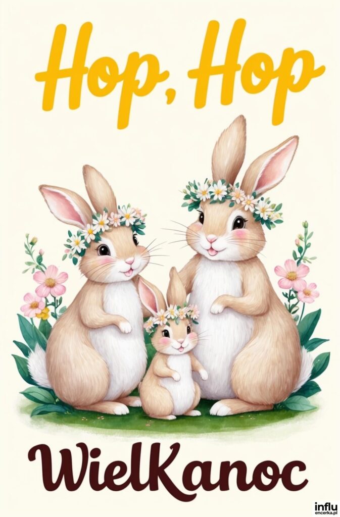 Trzy urocze króliczki w wianuszkach z polnych kwiatów stoją razem, u góry napis „Hop, Hop”