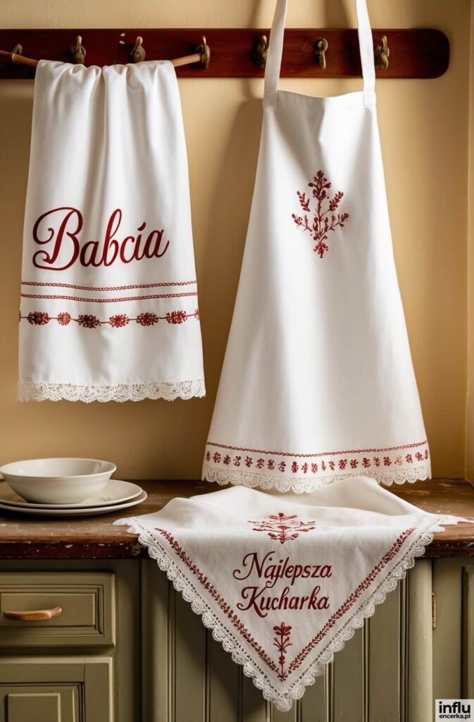 Białe tekstylia kuchenne z haftowanymi napisami „Babcia”