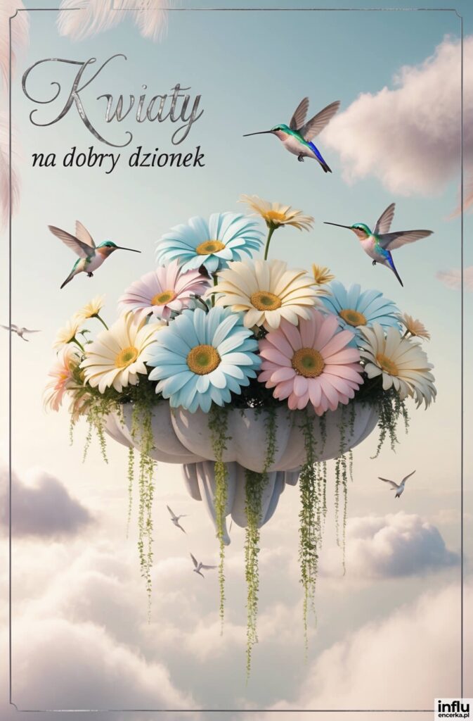 Unosząca się w chmurach kompozycja pastelowych gerber i stokrotek z kolibramii zwisającą zielenią, z napisem „Kwiaty na dobry dzionek”