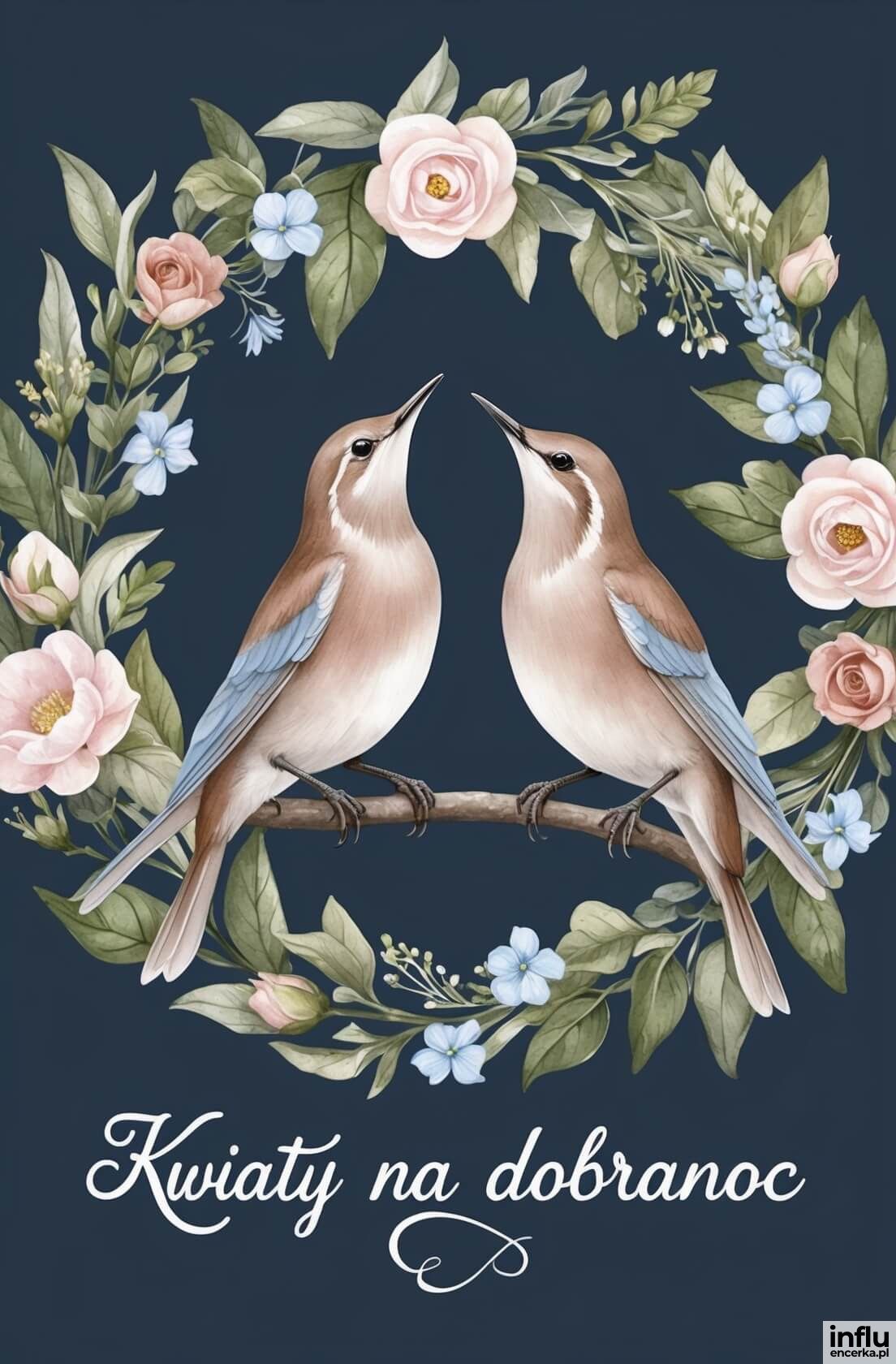 Kartka, kwiaty i ptaki na dobranoc