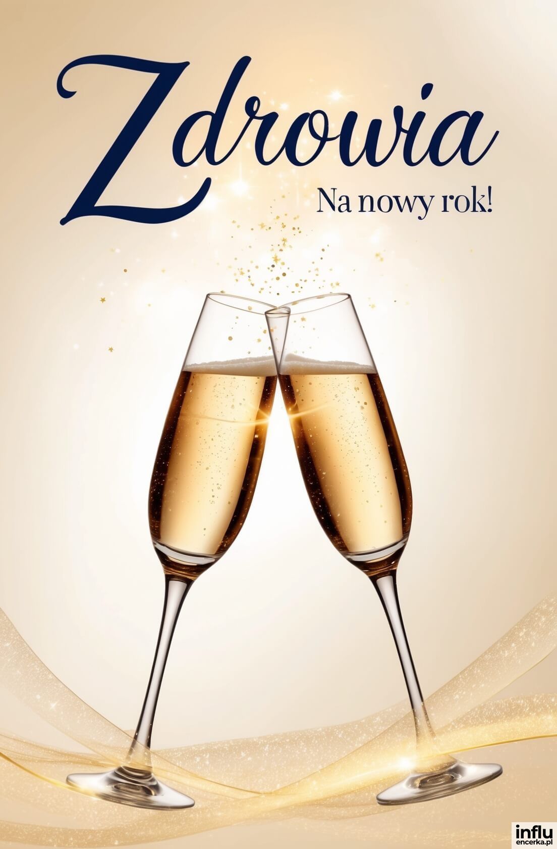 Kartka, lampki szampana, zdrowia na nowy rok