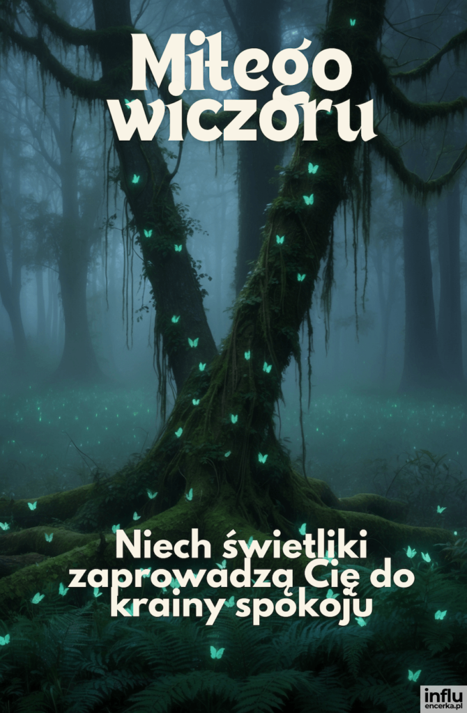 Mglista leśna polana nocą z potężnym mchowym drzewem ozdobionym świecącymi turkusowymi motylkami i napisami „Miłego wieczoru”
