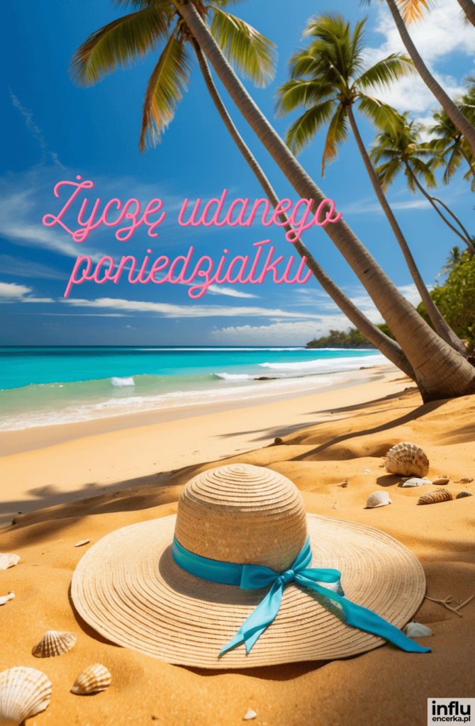 Słomiany kapelusz z turkusową wstążką leży na plaży wśród muszli, w tle palmy i błękitne morze, napis „Życzę udanego poniedziałku”