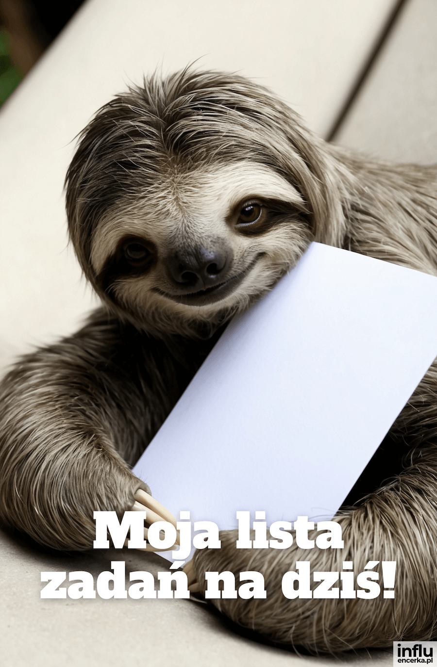 Kartka z leniwcem i pustą kartką - moja lista zadań na dziś