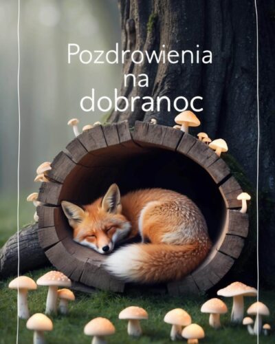Śpiący lis zwinięty w kłębek w wydrążonym pniu, wśród małych grzybków w leśnej scenerii, z napisem „Pozdrowienia na dobranoc”