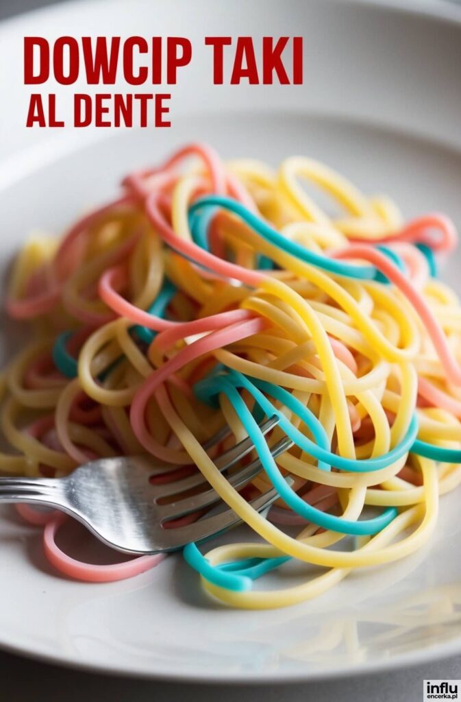 Kolorowe spaghetti w odcieniach żółtym, różowym i niebieskim nawinięte na widelec, z napisem „Dowcip taki al dente”