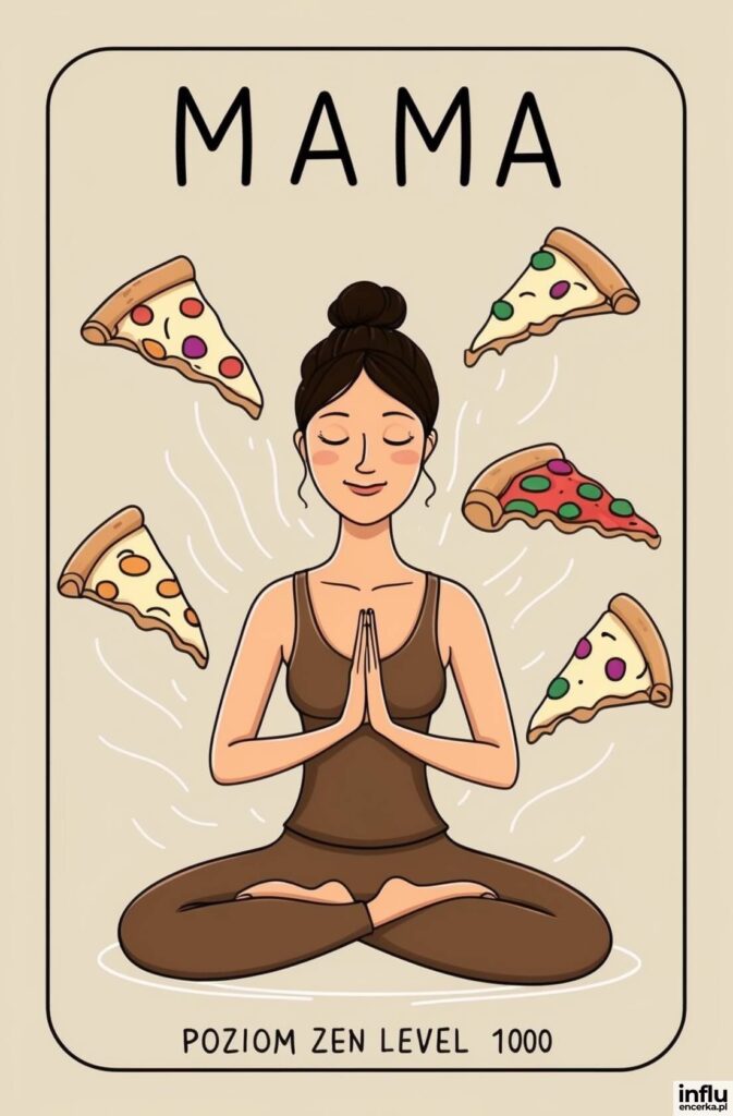Ilustracja kobiety medytującej w pozycji lotosu, otoczonej kawałkami pizzy, z napisami „MAMA”